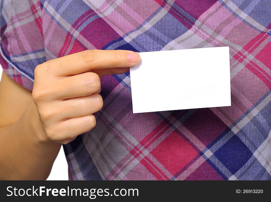 Woman in casual holding empty name card. You can put your message on the card. Woman in casual holding empty name card. You can put your message on the card