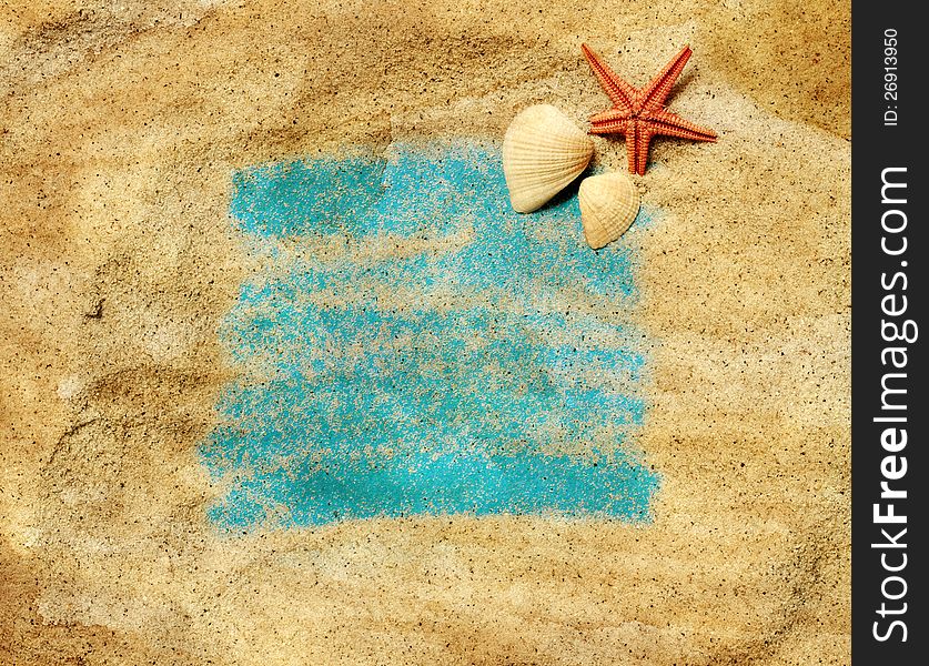 Holiday concept, seashell in sand