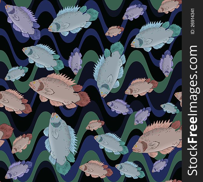 Vector illustration of fish and waves seamless pattern. Vector illustration of fish and waves seamless pattern