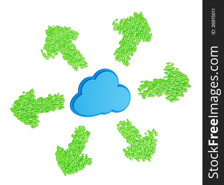 Green download arrows made from numbers around blue cloud on a white background