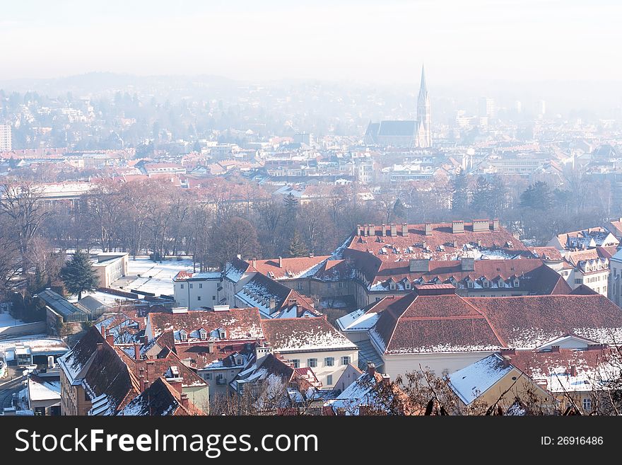 Morning. Graz panorama, beautiful view from hill above the city center. Austria