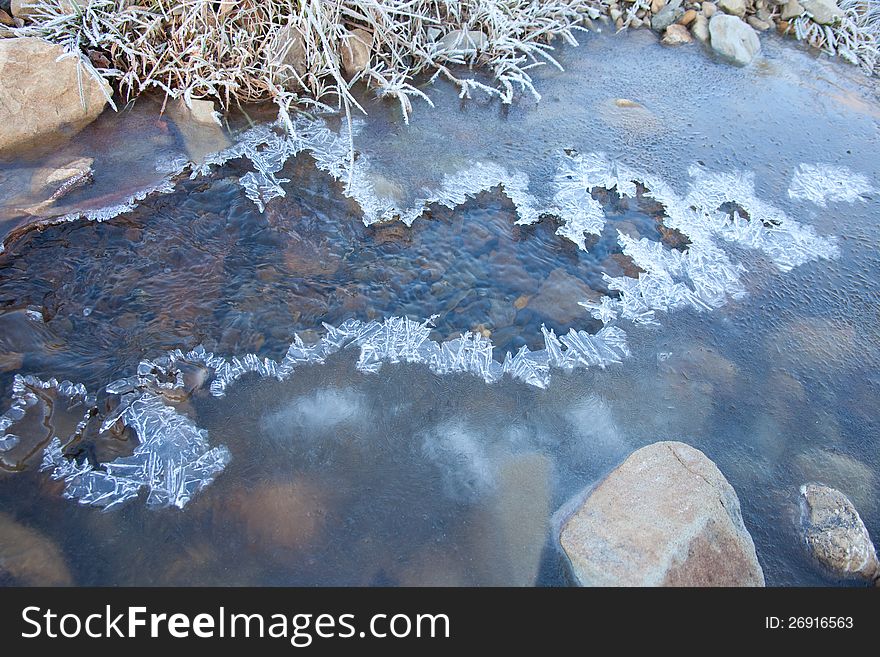 The first ice. Wild water amongst stones