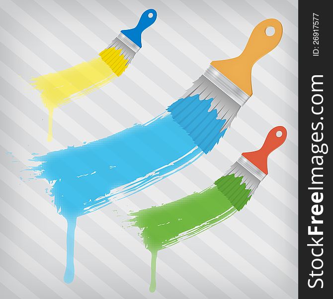 Flat brushes with paint's splashes over a striped background. Flat brushes with paint's splashes over a striped background