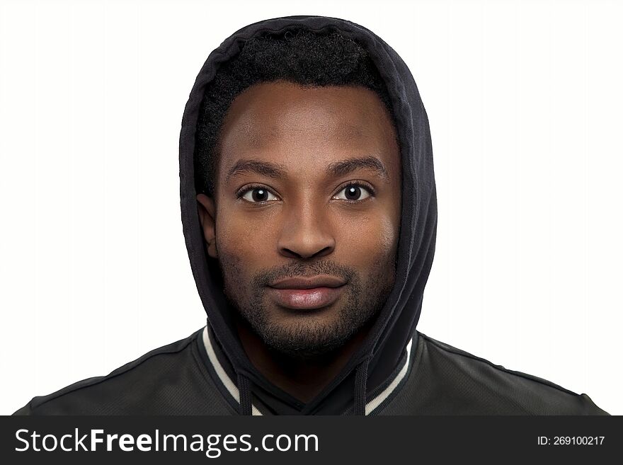 young man wearing black hoody on white background student headshot simple studio portrait. young man wearing black hoody on white background student headshot simple studio portrait