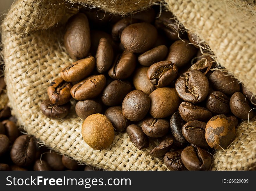 Coffee beans in a juta bag