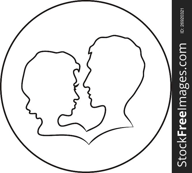 Profile of men and women against each other in the circle. Line drawing. Profile of men and women against each other in the circle. Line drawing.