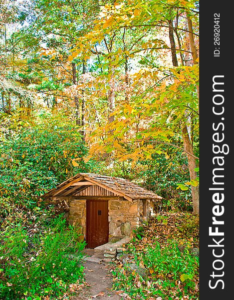 Cabin in the forest inAutumn colors in october in beautiful north carolina
