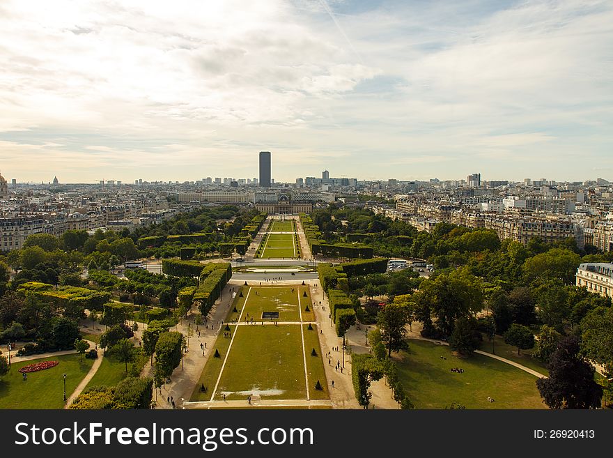 View up the Champ de Mars, Paris France, with Montparnesse Tower in the background. View up the Champ de Mars, Paris France, with Montparnesse Tower in the background