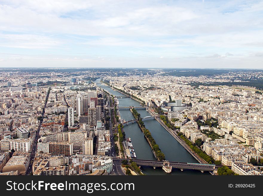 View up the Seine River, Paris, France, from the Eiffel Tower