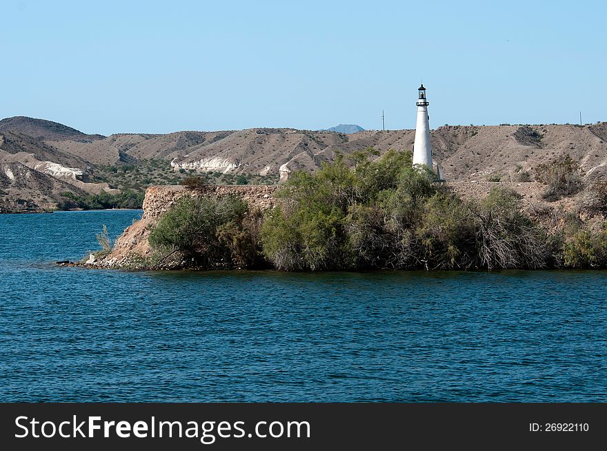 Lighthouse in Lake Havasu City, Arizona as seen from the water. Lighthouse in Lake Havasu City, Arizona as seen from the water