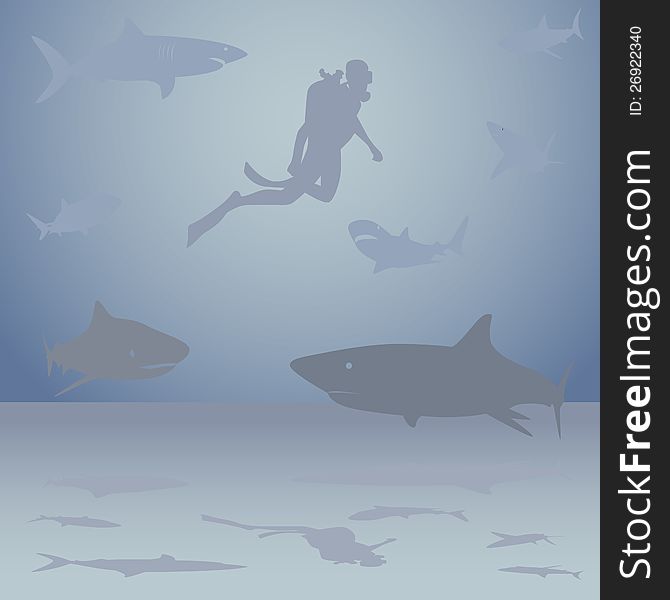 Diver swims in a sea of sharks. Contour illustration. Diver swims in a sea of sharks. Contour illustration.