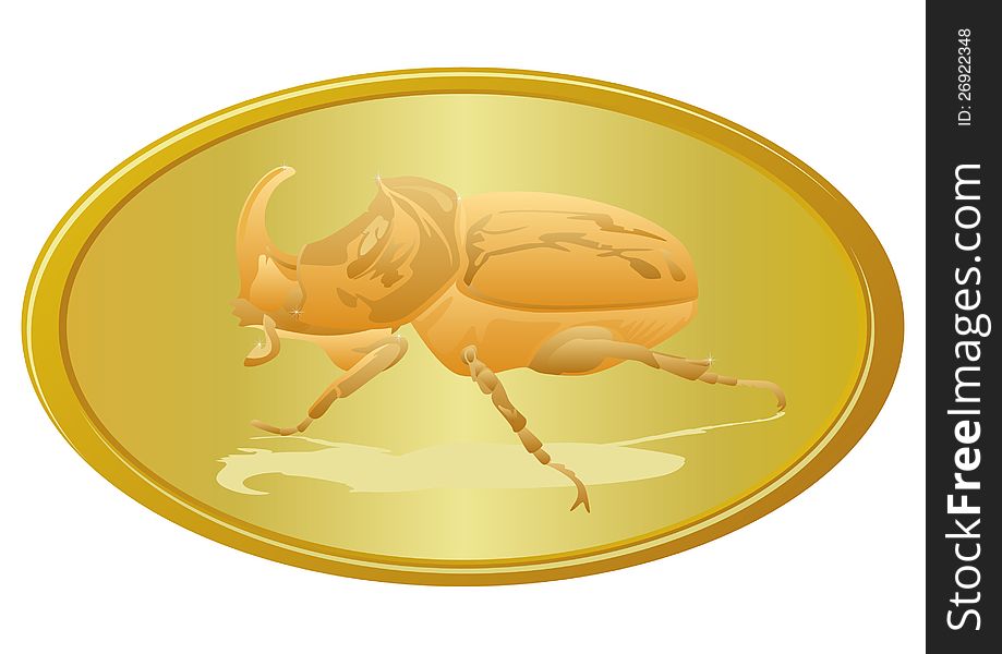 Rhinoceros beetle of gold in a gold frame. Rhinoceros beetle of gold in a gold frame