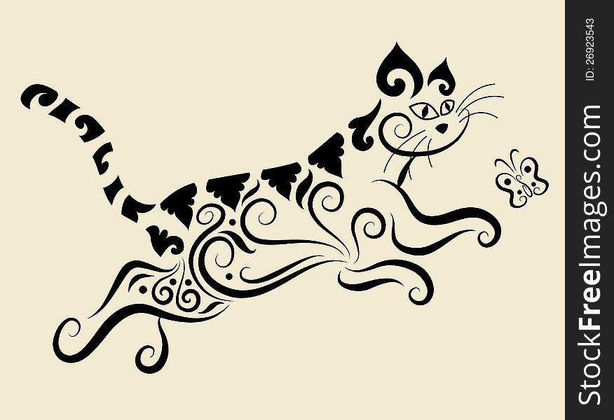 Cat and butterfly with floral ornament decoration. Use for any design you want. Easy to edit color. Cat and butterfly with floral ornament decoration. Use for any design you want. Easy to edit color.