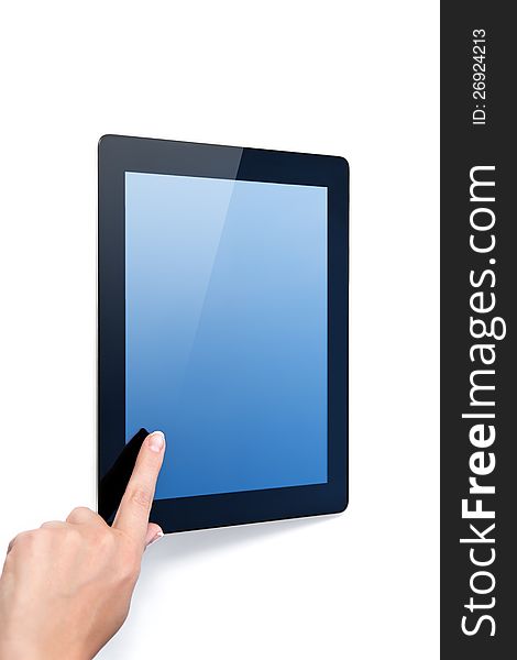 Female hand holding a tablet with blue screen