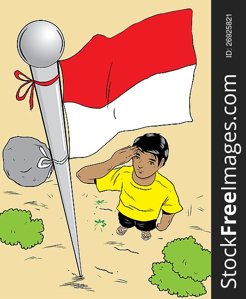 Indonesian man salute country flag. Indonesian man salute country flag