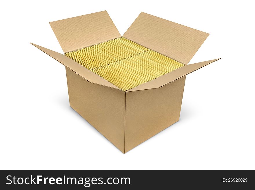 A paper box filled up with brown bubble envelopes separated on white background. A paper box filled up with brown bubble envelopes separated on white background
