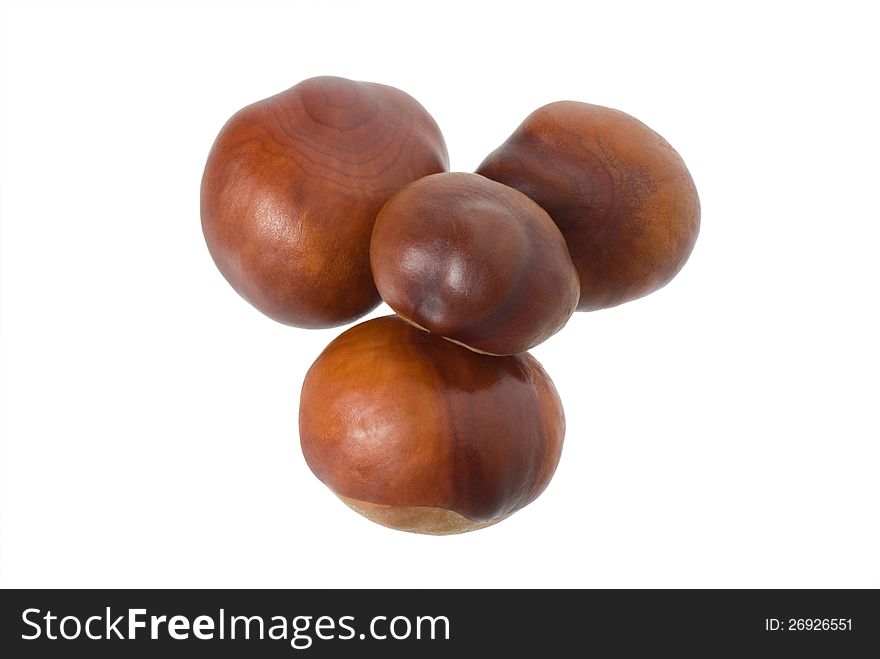 A group of four chestnuts on a white background