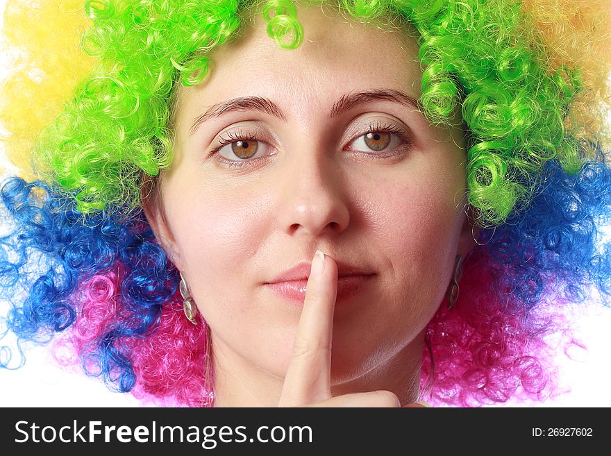 Woman with clown hair isolated
