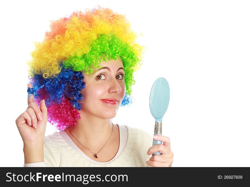 Woman with mirror isolated, funky hair