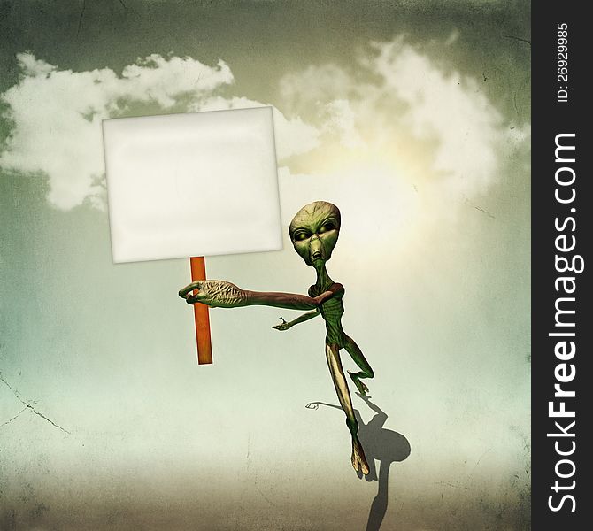 Abstract illustration of alien science fiction creature holding a blank board. Abstract illustration of alien science fiction creature holding a blank board.