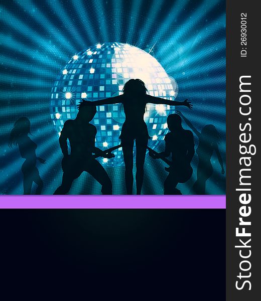 Illustration of dancing people and big disco ball.