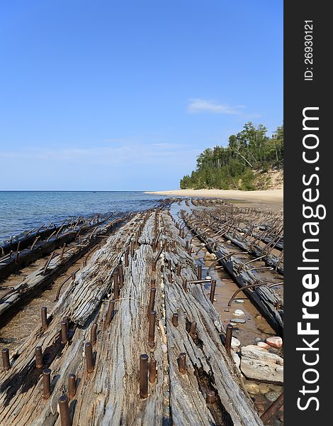 Remains of a old wooden ship on the beach of Lake Superior. Remains of a old wooden ship on the beach of Lake Superior