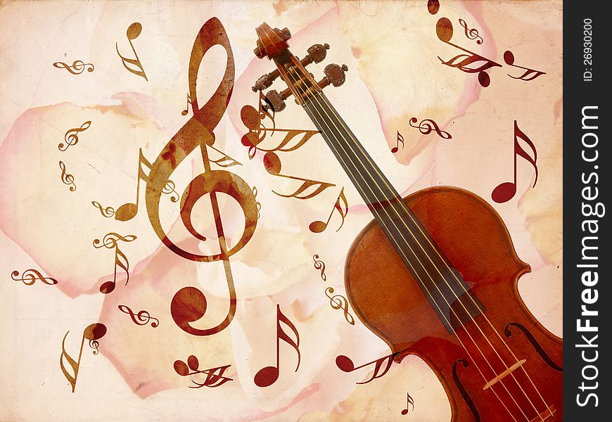 Abstract grunge rose petals, violin and music notes vintage background. Abstract grunge rose petals, violin and music notes vintage background.