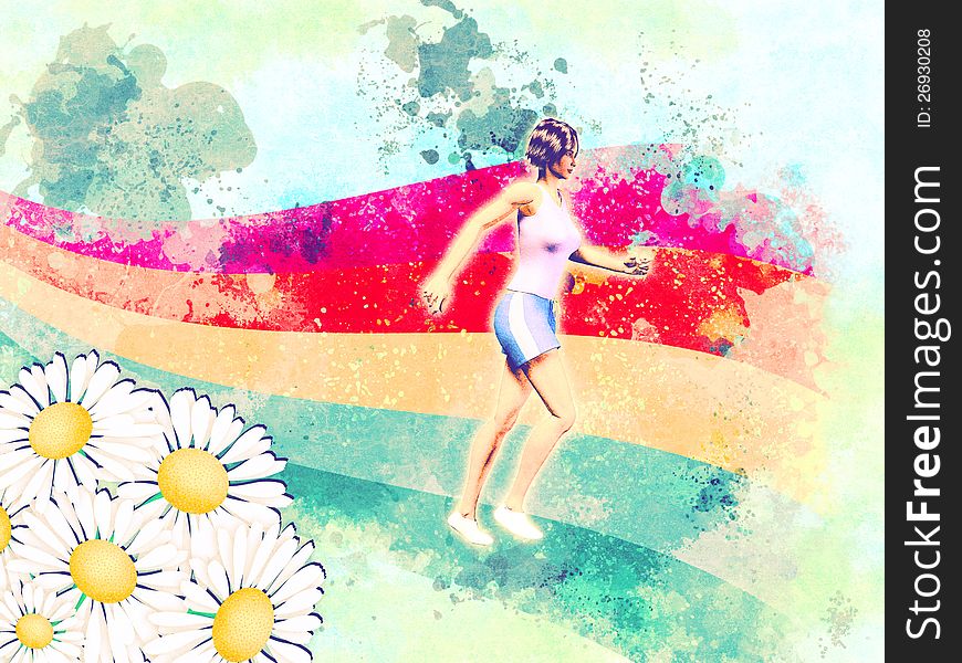 Illustration of woman running on colorful rainbow, summer background. Illustration of woman running on colorful rainbow, summer background.