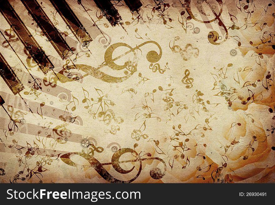 Vintage grunge background with rose and music notes. Vintage grunge background with rose and music notes.