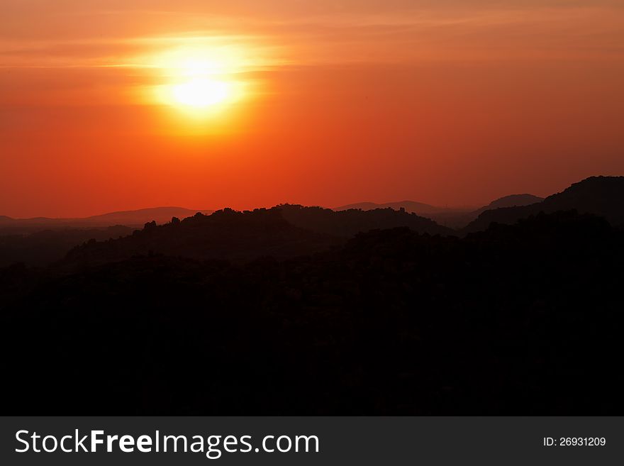 Sunset in mountains, Hampi, Karnataka state, India