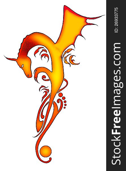 Abstract dragon tribal tattoo figure with fire colors. Isolated on white.