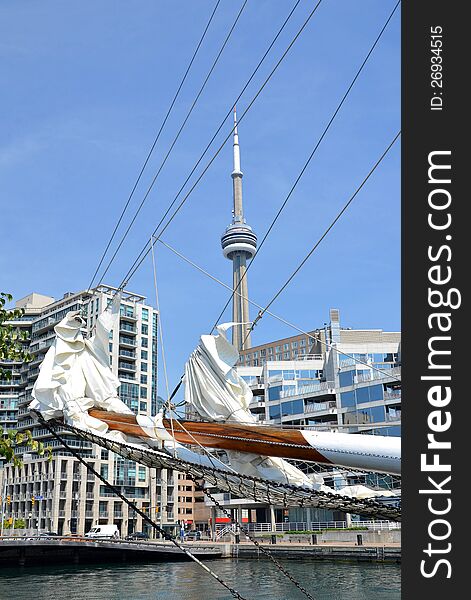 View of the CN tower through the bowsprit of a Tall ship, Toronto Ontario Canada. View of the CN tower through the bowsprit of a Tall ship, Toronto Ontario Canada