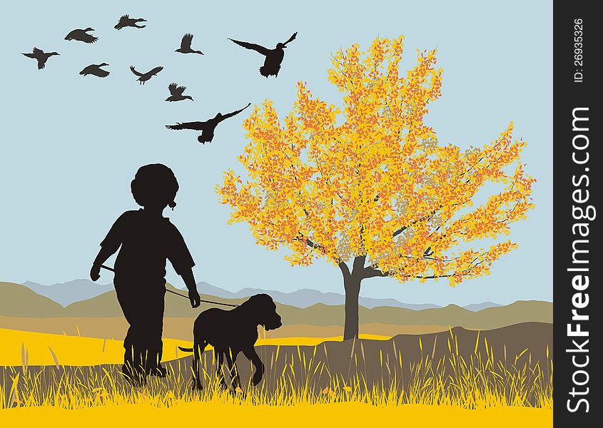 vector llustration puppy and boy in autumn nature