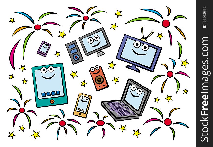 Illustration of a group of diffent electronic equipments with fireworks background. Illustration of a group of diffent electronic equipments with fireworks background