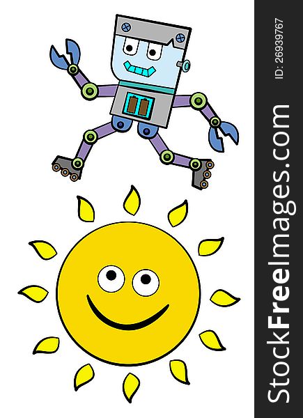 Illustration of a funny looking robot who is running above the sun. Illustration of a funny looking robot who is running above the sun