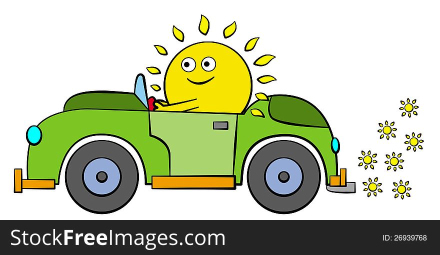 A humorous illustration of a sun driving a car. A humorous illustration of a sun driving a car