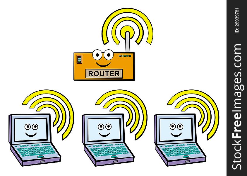 A wireless network router is transmitting signal and being received by three computers. A wireless network router is transmitting signal and being received by three computers