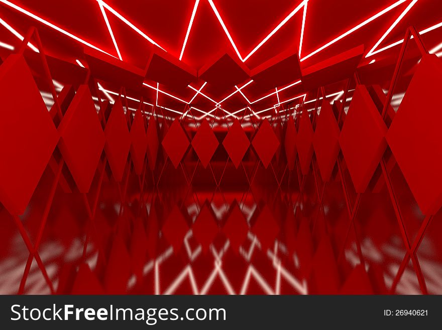 Abstract red serrated wall with empty room. Abstract red serrated wall with empty room