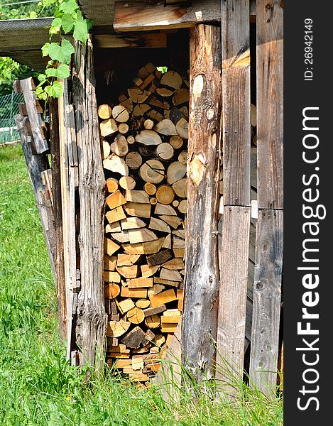 Firewood stored under cover in outdoor