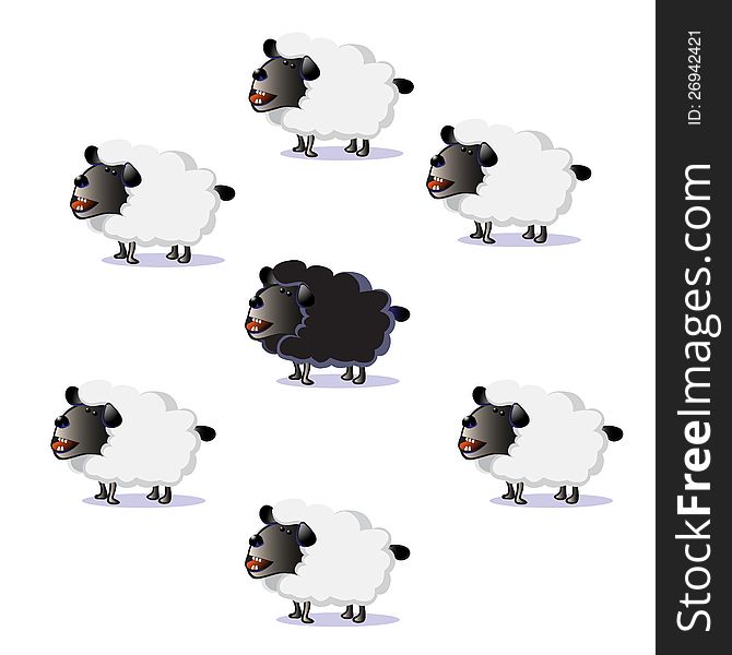 Black sheep in the middle of white sheep flocks. Black sheep in the middle of white sheep flocks