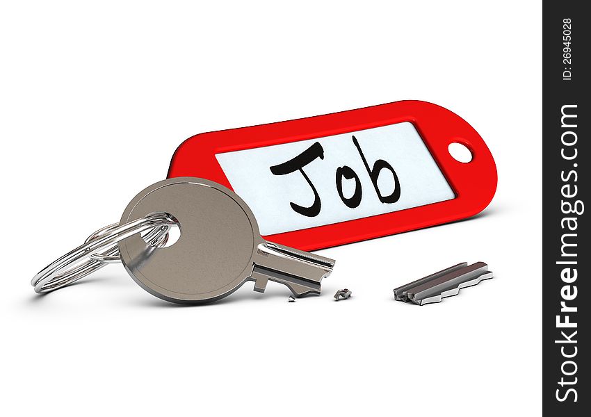 Broken key and key ring with a red label where it's written the word job, over white background. Broken key and key ring with a red label where it's written the word job, over white background