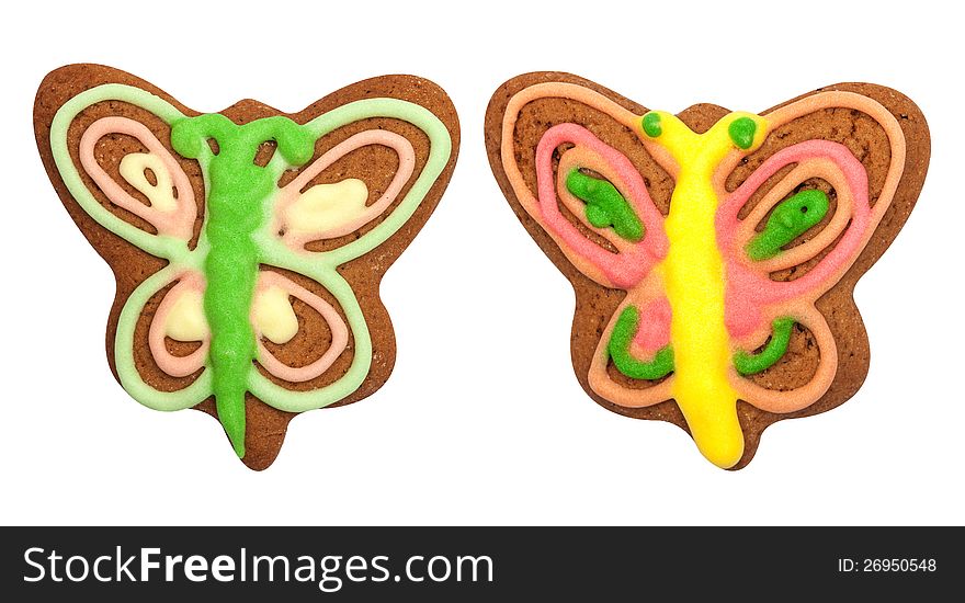 Isolated gingerbread, butterflies on white background