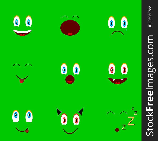 Nine faces located on a green backround. Nine faces located on a green backround