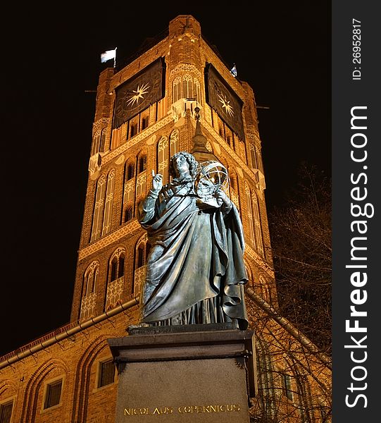 The monument of Copernicus in Torun - night. The monument of Copernicus in Torun - night.