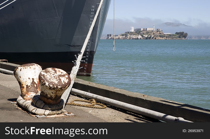 The bay in San Francisco from Fishermans Wharf with Alcatraz island. The bay in San Francisco from Fishermans Wharf with Alcatraz island