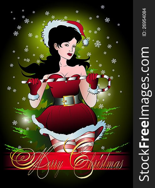 Christmas card with snow maiden in red clothes on winter background. Christmas card with snow maiden in red clothes on winter background