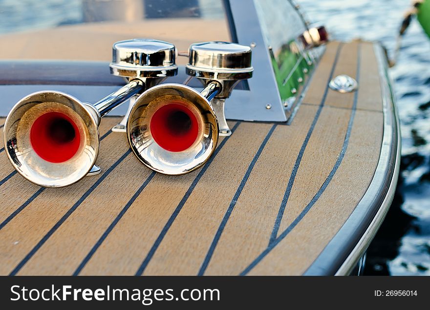 Chrome horn mounted on river boat. Chrome horn mounted on river boat