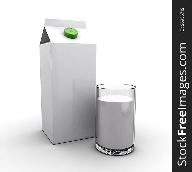 Milk pack and a glass of milk on a white background (3d render)