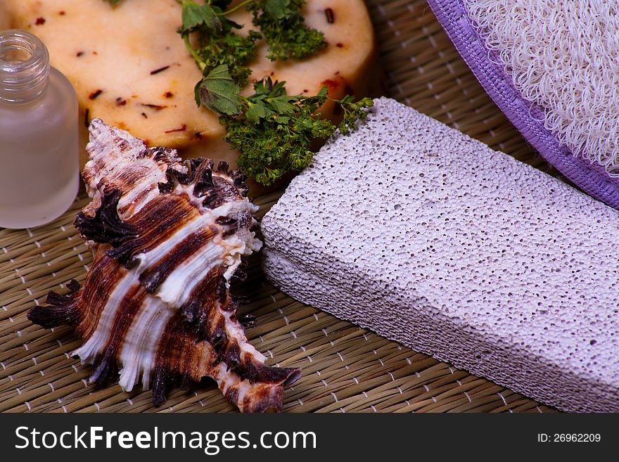 Bath accessories with pumice stone and shell