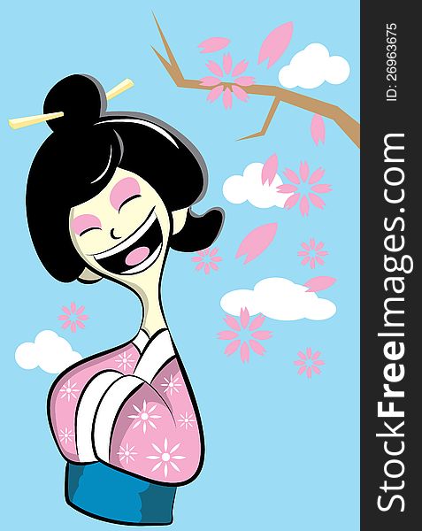 A geisha enjoyed a blue sky and sakura flower